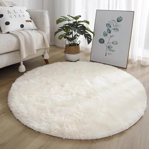 AIMECO Schlafzimmer Bereich Teppich, (Durchmesser 160cm) Nachttisch Shag,Flauschigen Teppich, Wohnzimmer, Kinderzimmer, Mädchen Schlafzimmer, Weiß