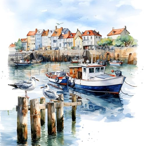 Servietten Papier 33x33cm 3-lagig 20 Stück - hochwertig & nachhaltig - Einweg Papierservietten für Feier Geburtstag Hochzeit Party Tischdeko Maritime Deko Boote im Hafen Möwen Küstenlandschaft