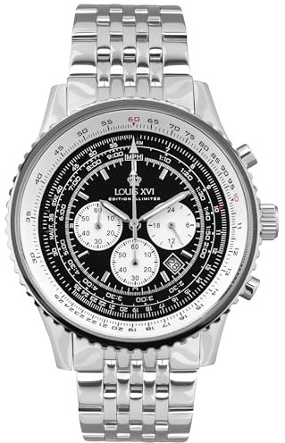 LOUIS XVI Artagnan 3420 - Ø 47.5 mm - Herren Uhr - Chronograph - Wasserdicht - Uhr mit Saphirglas - Armband Silber - Zifferblatt Schwarz