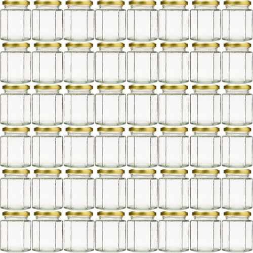 Flaschenland - 56x Sechskantgläser 191ml inkl. goldenem Twist-Off-Deckel als sechseckiges Einmachglas, Marmeladenglas oder Honigglas, Hexagon-Glas für Gelees, Pasteten, Konfitüren, Backofenfest