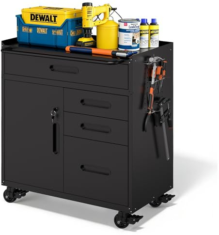 BIZOEIRON Metal Garage Storage Cabinet with Wheels, Rolling Tool Cabinet with 4 Drawers and 1 Door, Heavy Duty Tool Cabinet with Workbench, Assembly Required, Black