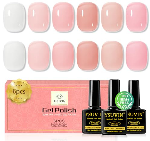 YSUVIN UV Nagellack, 6 Farben Weiß Rosa Nude Gel Nagellack UV Soak-off | TPO-FREE HEMA-FREE, Jelly Schnelltrocknend UV Gellack für Anfänger DIY Nail Art Maniküre Salon, Langlebig, 8ML
