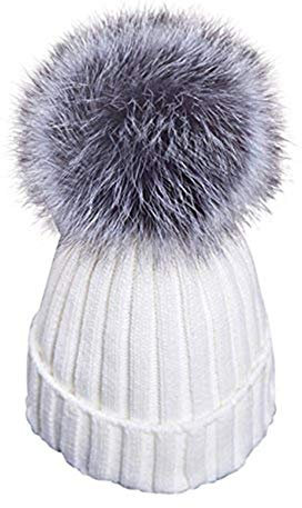 feifanshop Damen Mütze Strickmütze mit Fellbommel Fuchspelz Echtfell Fell Pelz Bommel Strick Mütze Winter-Mütze Bommelmütze (Weiß)
