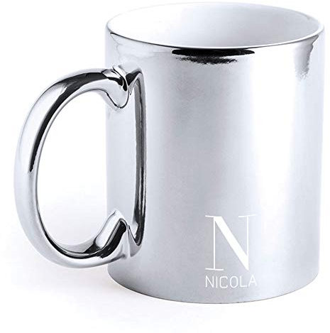 Personalised Metallic Coffee Mug 350ml Ceramic Laser Engraved Tea Cup - Customised Birthday, Christmas, Wedding Gift Idea - Custom Name & Initial (Silver)