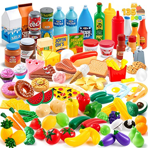 JOYIN 135 Stück Pretend Küche Spielen Lebensmittel Spielzeug mit Obst, Gemüse, Geschirr, Flasche Kinder pädagogische Küche Spielzeug für Kleinkinder Jungen und Mädchen