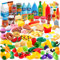 JOYIN 135 Stück Pretend Küche Spielen Lebensmittel Spielzeug mit Obst, Gemüse, Geschirr, Flasche Kinder pädagogische Küche Spielzeug für Kleinkinder Jungen und Mädchen