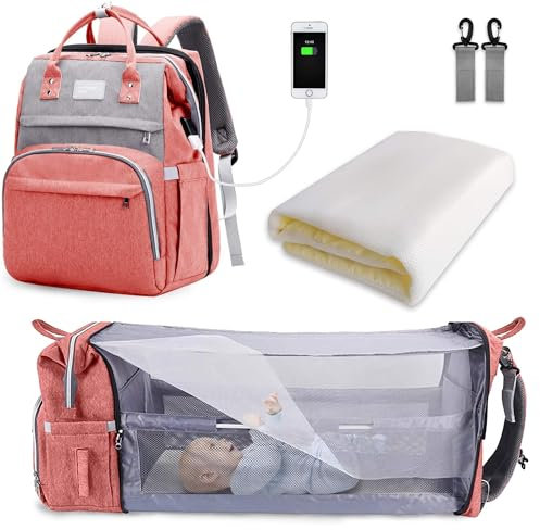 SNDMOR Wickeltasche Rucksack, wickelrucksack mit bettfunktion Großer, Multifunktionale Diaper Bag Mit Wickelunterlage, Kinderwagen-Haken, Geeignet für Mama und Papa (Rosa und Grau)