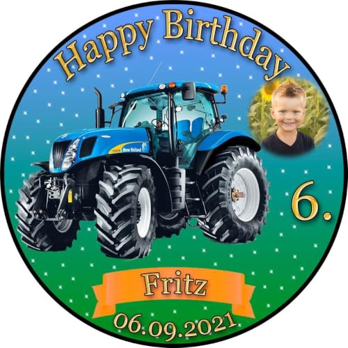 Tortenaufleger Fototorte Tortenbild Kindergeburtstag Fahrzeuge Traktor Trecker FZ02 (Zuckerpapier) Rund 20 cm Ø mit Foto Blau