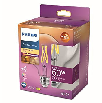 Philips ampoule LED Globe E27 60W Blanc Chaud Claire Compatible Variateur, verre
