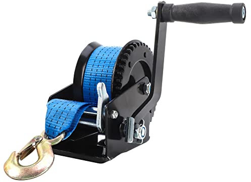 SPARKWHIZ Treuil manuel pour remorque de bateau, 725,7 kg, avec sangle en nylon bleu robuste de 8 m, treuil à manivelle à deux voies avec crochet pour remorque, quad, bateau