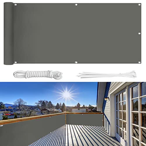 Balkon Sichtschutz 150×1400cm Ohne Bohren, 100% Schutz der Privatsphäre,Blickdichte Balkonumspannung Windschutz UV-Schutz Gartenzaun Schwimmbad-Leitplanke,mit Ösen Kabelbinder und Kordel/Hellgrau