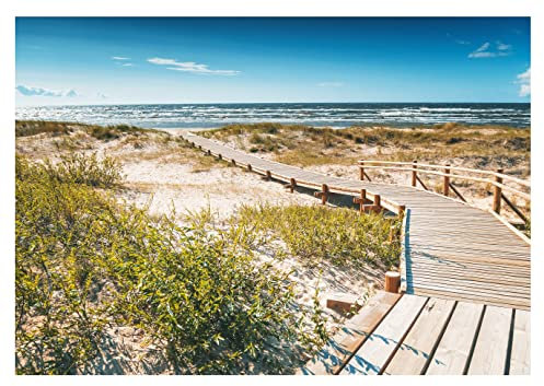 WallArena Fototapete Strand Meer 3D Brücke Nordsee Dünen Modern Wohnzimmer Schlafzimmer Wandtapete Vlies Tapete UV-Beständig Montagefertig (416x254 cm - 4 Bahnen)
