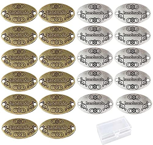 Borsgye 60 Stück Handmade Knöpfe Metall Label Hand Made Tag Nähen Zubehör Handgefertigte Etikett Handarbeit Anhänger Schilder Nähetiketten für DIY Handwerk Schmuck Herstellung - Oval Bronze Silber