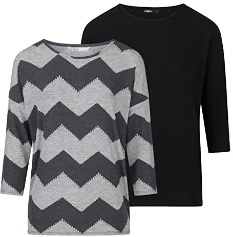ONLY Damen Top ONLGLAMOUR 2er Pack 3/4 Ärmel Basic Shirt Rundhals Loose Fit Langarmshirt Oberteil Muster Aufdruck Sommer S Schwarz, Größe:S, Farbe:Black (15289509)