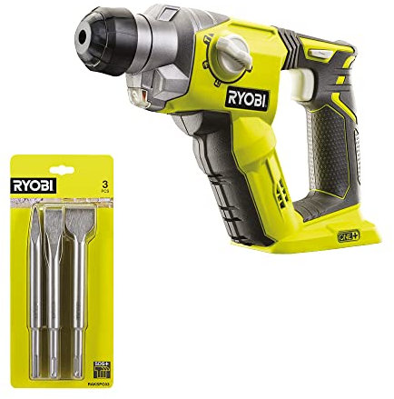 Lot de Ryobi - Marteau perforateur à batterie SDS-PLUS 18V 15Nm (sans batterie) + Kit 3 burins SDS+ (1 pointe, 2 plats)