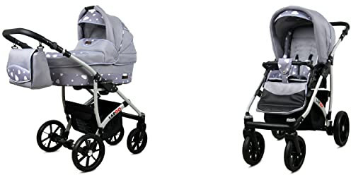 BabyLux Largo 2-in-1 Baby Kinderwagen Tief und Kinderwagen mit Zubehör Verstellbar und faltbar Aluminiumkonstruktion Wasserdicht Nicht abnehmbare Räder Silver Hearts Silver Frame