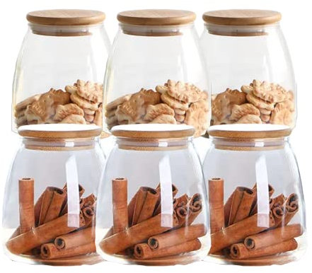 SJ TRADERS Glass Jars with Lids, 650ml Kitchen Storage Jars, Novelty Coffee Tea & Spice Jar Gifts, Storage Container with Bamboo Airtight Lids, Glass Kitchen Accessories (650ml - 6 Pack)