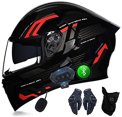 Motorrad Bluetooth Helm Mit Handschuhen Und Gesichtsabdeckung, DOT/ECE Genehmigt Flip-up Helm Modular Helm, Doppel Sonnenblende Vollhelm, Abnehmbare Und Waschbare Futter, M~XXL