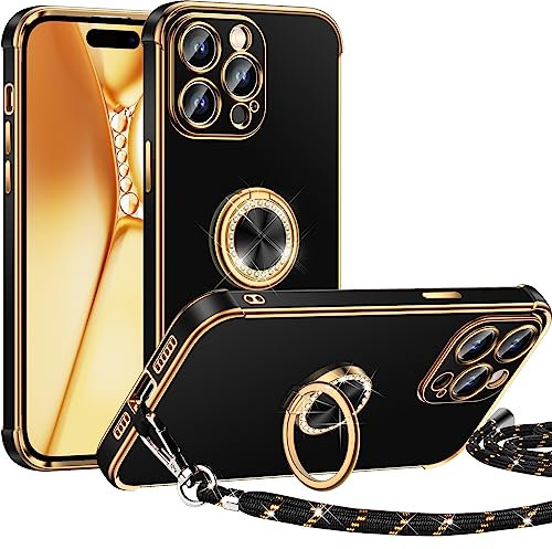 Miss Arts für iPhone 14 Pro Hülle mit Band, Ring Ständer Handyhülle Frauen Mädchen Dünn Stoßfeste Schutzhülle für iPhone 14 Pro Case Schwarz