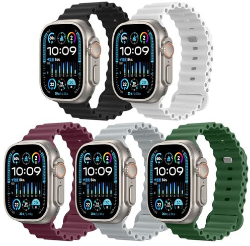 Astorgos 5Pack Bracelet Océan Compatible avec Apple Watch Ultra 2 49mm 46mm 45mm 44mm 42mm,Bracelet de Sport en Silicone pour iWatch Ultra 2 SE Series 10 9 8 7 6 5 4 3 2 1 pour Hommes Femmes,MulticolC