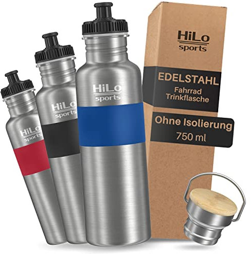 HiLo sports Trinkflasche Fahrrad Edelstahl 750ml - [Ohne Isolierung] - Mit 2 Verschlüssen - Auslaufsichere Fahrrad Trinkflasche - Fahrradflasche geschmacksneutral (Blau)
