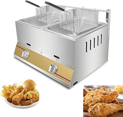 Commercial Deep Gas Fryer, Stainless Steel Countertop LPG Gas Deep Fryer, With Basket Lid, Removable Oil Container, for Commercial Restaurant Countertop Family Food Cooking