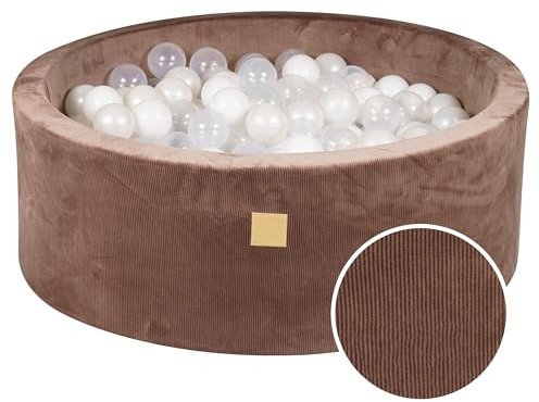 MEOWBABY Piscina de Bolas Suave para niños pequeños - Piscina de Bolas de Pana Interior y Exterior de 90 x 30 cm con Bolas Incluidas 200 Piezas - Chocolate: Blanco/Transparente