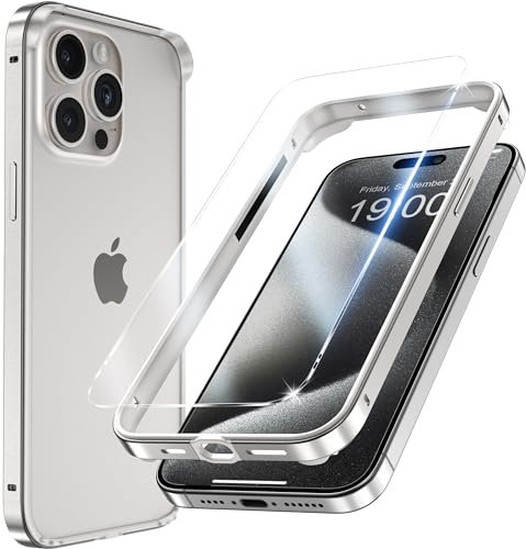 YMHML Bumper Case for iPhone 15 Pro Max Titanium, Aluminum Alloy + TPU Bumper Frame with Screen Protector Tempered Glass, Metal Slim Fit No Back Design 4 Corner Raised Protection Accessories, Silver