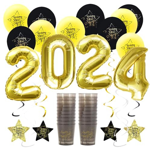 Oblique Unique® Happy New Year 2024 Silvester Neujahr Party Deko Set - Luftballon Set + 2024 Folien Ballon + Deckenhänger Spiral Girlanden + 20 Trinkbecher