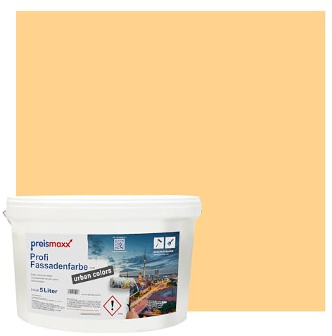 Preismaxx Profi Fassadenfarbe Gelb Honiggelb silikonharzverstärkt aussen 5l | Für Putz Beton, Abperleffekt, wasserabweisend, UV-beständig, hohe Deckkraft, rissfüllend, diffusionsoffen, Made in Germany,