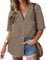 Hotouch Damen Bluse V-Ausschnitt Hemdbluse Kurzarm Casual Oberteile Lose Baumwolle Sommer Elegant Einfarbig Tops mit Tasche Braun L