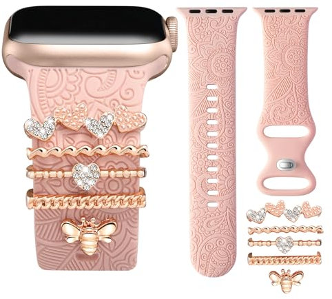 CeMiKa Blumengravierte Armbänder Kompatibel mit Apple Watch Armband 42mm 44mm 45mm 49mm für Damen, Silikonband & Dekorative Apple Watch Charms für iWatch Series 9 8 7 6 5 4 3 2 1 Ultra Ultra 2