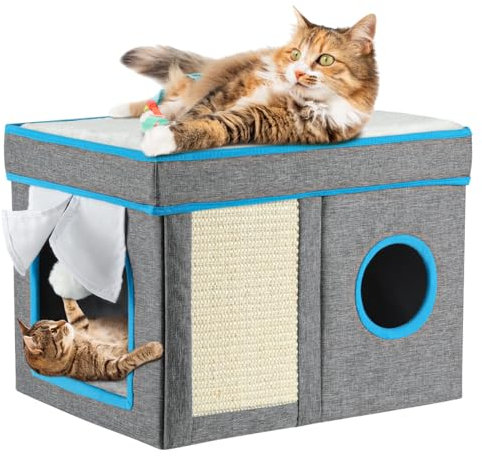 VavoPaw Cat Beds - Foldable Cat Cube Condo With 3-in-1 Fun: Fluffy Ball & Scratch Pad, Cozy Cave for Small to Large Cats, Sturdy 12.2x14.9x12.2 inches, Grey