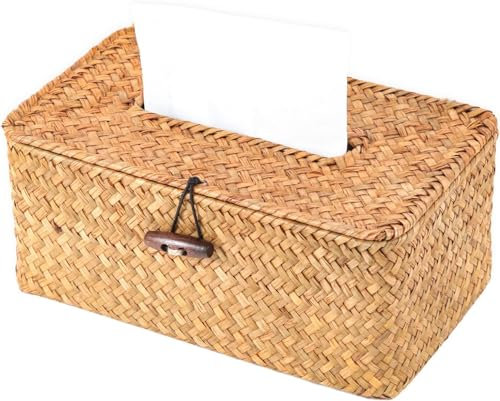 Seegras-Kosmetiktuchbox, Dekorativer Gewebter Papierhalter, Rattan Taschentuchbox Hausdekoration für Wohnzimmer Büro Restaurant Handarbeiten (M)