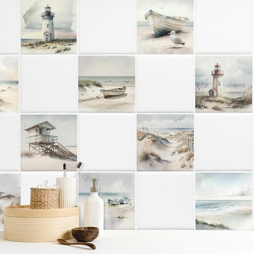 GRAZDesign Fliesenaufkleber Bad & Küche, maritim Leuchtturm Strand Watercolor, Klebefliesen selbstklebend - 20x20cm / 20 Stück