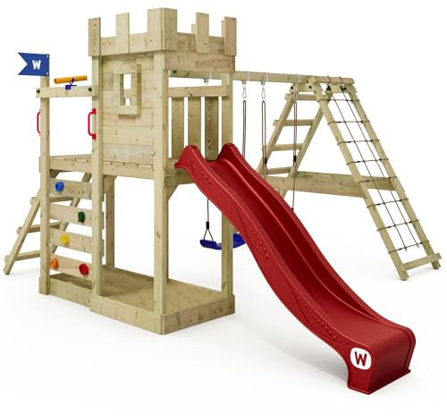 WICKEY Spielturm Ritterburg GateFlyer mit Schaukel & roter Rutsche, Outdoor Kinder Kletterturm mit Sandkasten, Leiter & Spiel-Zubehör für den Garten
