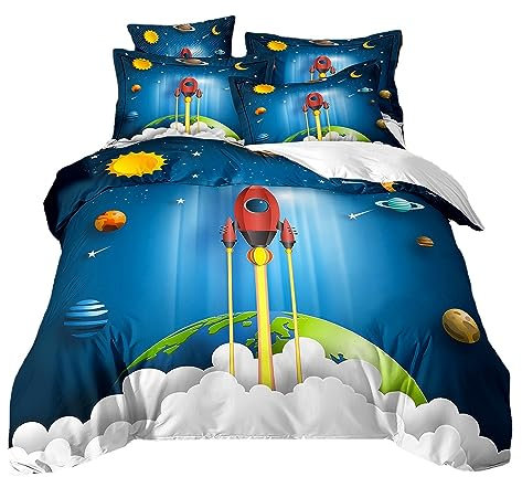 ZZTBQ Rakete Stern Und Raum Blau Kinderbettwäsche 100x135 Baby Bettwäsche Planet Und Universum Raumschiff Rakete Bettbezug und Kissenbezug-Set Baby Bettwäsche Set für Kleinkinder und Babybetten