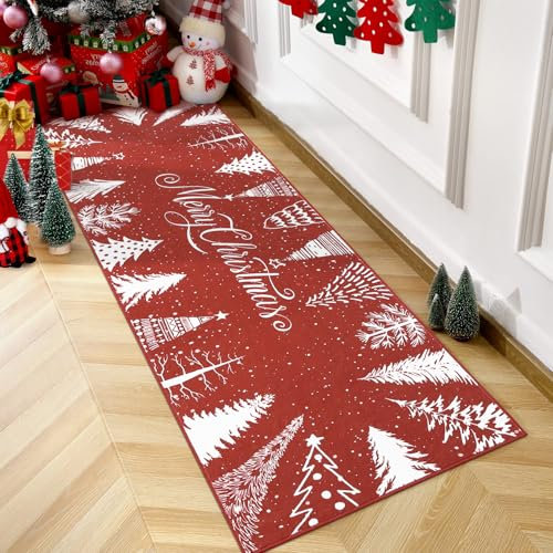 Yeeffia Romantic Christmas Tree Snowflake Red Non Slip Area Rug Runner for Living Dinning Room Bedroom Kitchen Hallway Office Modern Home Decorative Red 60x180 cm