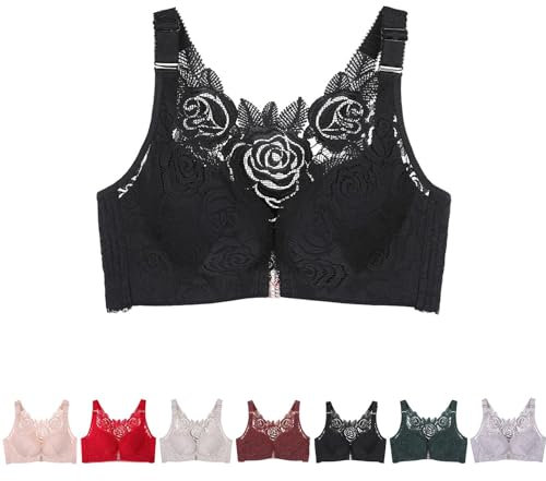 BDROX Floral Secrets Comfort Rose Bra,Seamless Front Closure Lace Butterfly Daily Bras,Women's Front Closure Bra (Black,38/85D)