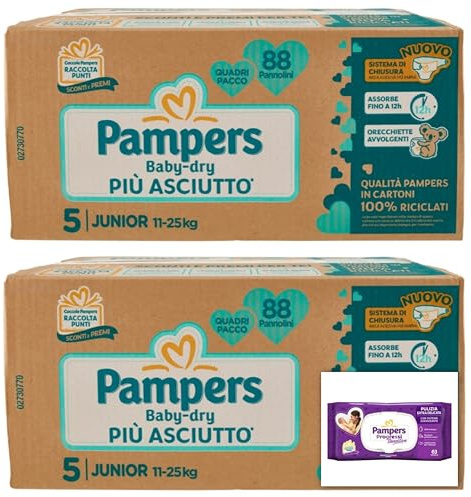 Pampers Baby-Dry Windeln Junior trockener 11/25 kg Größe 5 Packung mit 176 Windeln + 63 Tücher Pampers Sensitive Tücher, sanfte Formel ohne Duft
