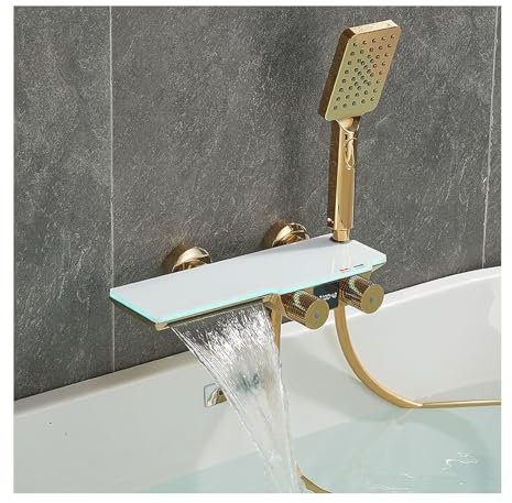 Robinet de baignoire à LED cascade avec douche à main en laiton à montage mural avec affichage de la température et lumière ambiante Kit de robinet de baignoire à 2 poignées