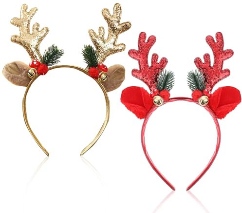 Lot de 2 serre-têtes de Noël - Serre-tête de bois de renne à paillettes - Avec cloches champignons et boules de fourrure - Pour enfants et femmes