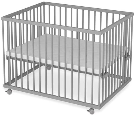 Sämann Laufstall Baby mit Matratze, Schlupfsprossen & Lattenrost | stufenlos höhenverstellbar | Laufgitter Premium | Babybett aus Holz | Krabbelgitter (grau, 75x100 cm)