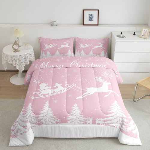 Homewish Merry Christmas Comforter Set Bianco Albero di Natale Trapunta, Set di biancheria da letto matrimoniale Babbo Natale, fiocco di neve, alce, cervo, piumino, decorazioni natalizie rosa