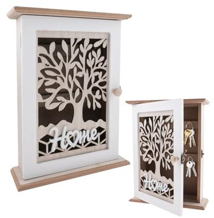 wocpvm Armoire a Clef Murale Boîte à clés avec Motif Arbre de Vie Boîte à clés en Bois avec Porte et 6 Crochets Armoire à clés en Bois pour entrée, Chambre, Couloir - Blanc - 22 x 7 x 28,5 cm