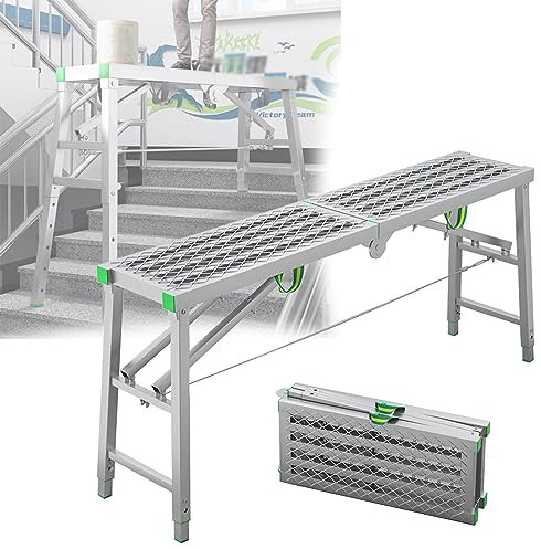 Adjustable Folding Scaffolding Work Platform for Decoration Cleaning and Construction Multipurpose Scaffold Tower with Hollow Mesh Design and 5 Gears Adjustable Height 140×40cm