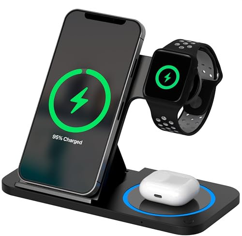 Strex 3-in-1 Wireless Charger - Ladestation - 15 W Schnellladegerät - faltbar - geeignet für iOS & Android, Apple Watch, AirPods und kabellose Ohrhörer - Kabelloses Ladegerät - Schwarz