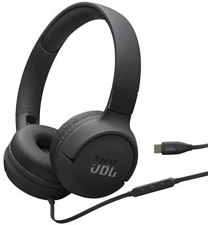 JBL Tune 520C - USB-C Wired on-Ear Headphones with Hi-Res Audio Support, JBL Pure Bass Sound, Comfort fit, USB-C connectivity, 3-Button Remote with Microphone and EQ presets Control (Black)