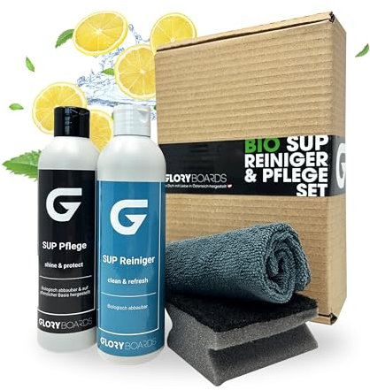 GLORY BOARDS® Bio SUP Reinigungs- & Pflege-Set (2 x 250 ml) – vegan, mikroplastikfrei, UV-Schutz & Zitronenduft – inkl. Schwamm & Tuch – Made in Austria