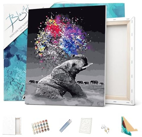 BlazArt Peinture par numéro Adulte avec Cadre 40x50 cm débutants | Kit complet prêt à l’emploi et à accrocher | DIY anti-stress | Marque française peinture numero - Animaux (Éléphant pop art)
